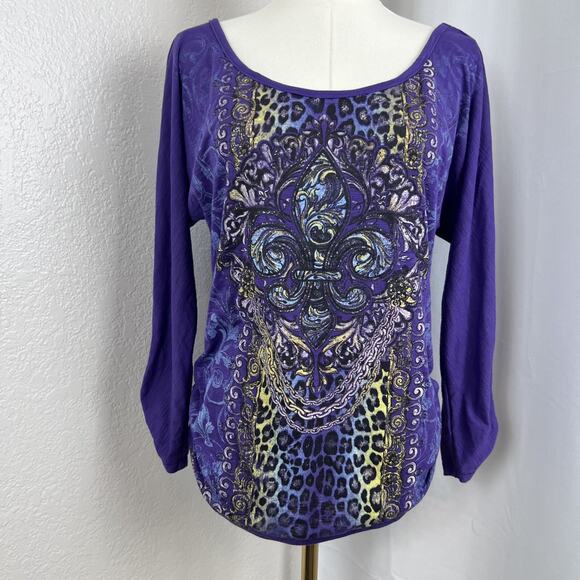 VTG Dots Top Womens Small Purple Leopard Print Glitter Stretch Y2K Rock Chic - Picture 1 of 11